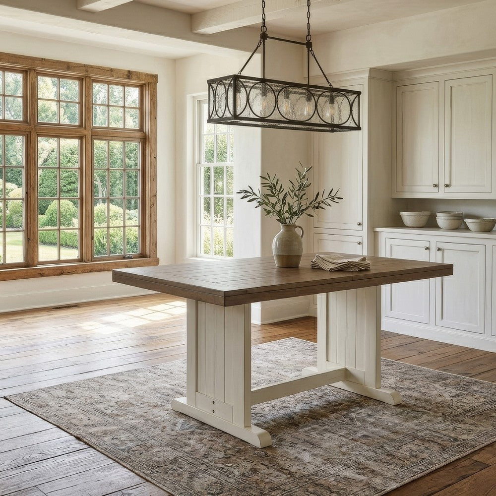 Dean Dining Table, 60 Inch Rectangular Plank Top, Off White and Brown