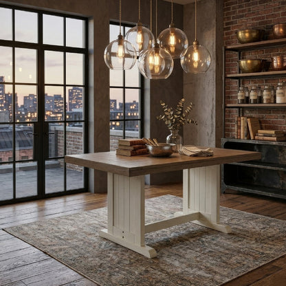 Dean Dining Table, 60 Inch Rectangular Plank Top, Off White and Brown