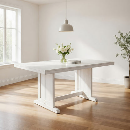 Sime Dining Table, 60 Inch Rectangular Plank Top, Off White Wood