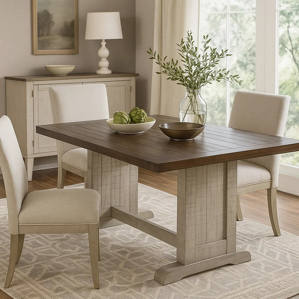 Camie Dining Table, 60 Inch Rectangular Plank Top, Dark Brown n Gray