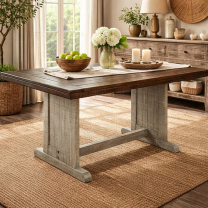 Camie Dining Table, 60 Inch Rectangular Plank Top, Dark Brown n Gray