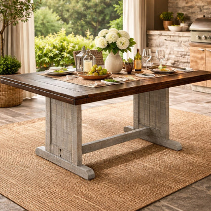 Camie Dining Table, 60 Inch Rectangular Plank Top, Dark Brown n Gray