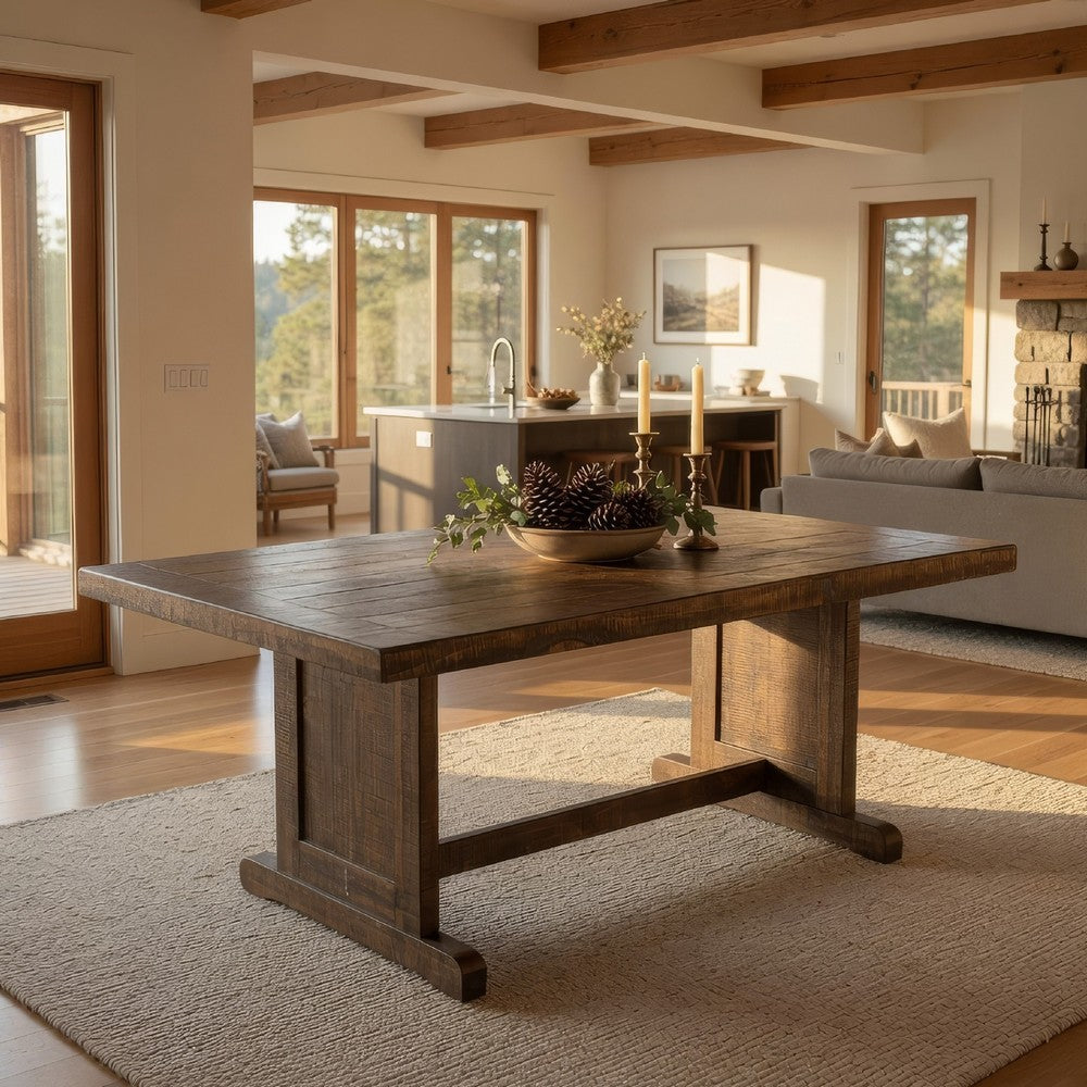 Camie Dining Table, 60 Inch Rectangular Plank Top, Brown Mahogany Wood