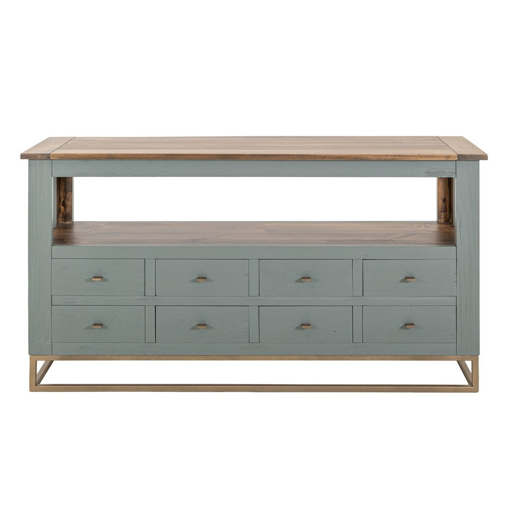 Timmy Sofa Table, 8 Drawers, 1 Shelf, Sage Green Pine Wood, 55 Inch