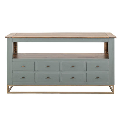 Timmy Sofa Table, 8 Drawers, 1 Shelf, Sage Green Pine Wood, 55 Inch