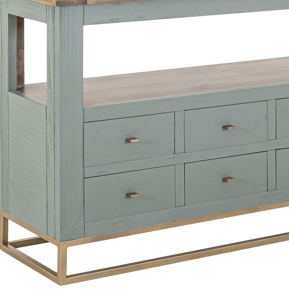 Timmy Sofa Table, 8 Drawers, 1 Shelf, Sage Green Pine Wood, 55 Inch