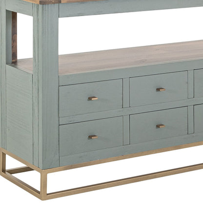 Timmy Sofa Table, 8 Drawers, 1 Shelf, Sage Green Pine Wood, 55 Inch