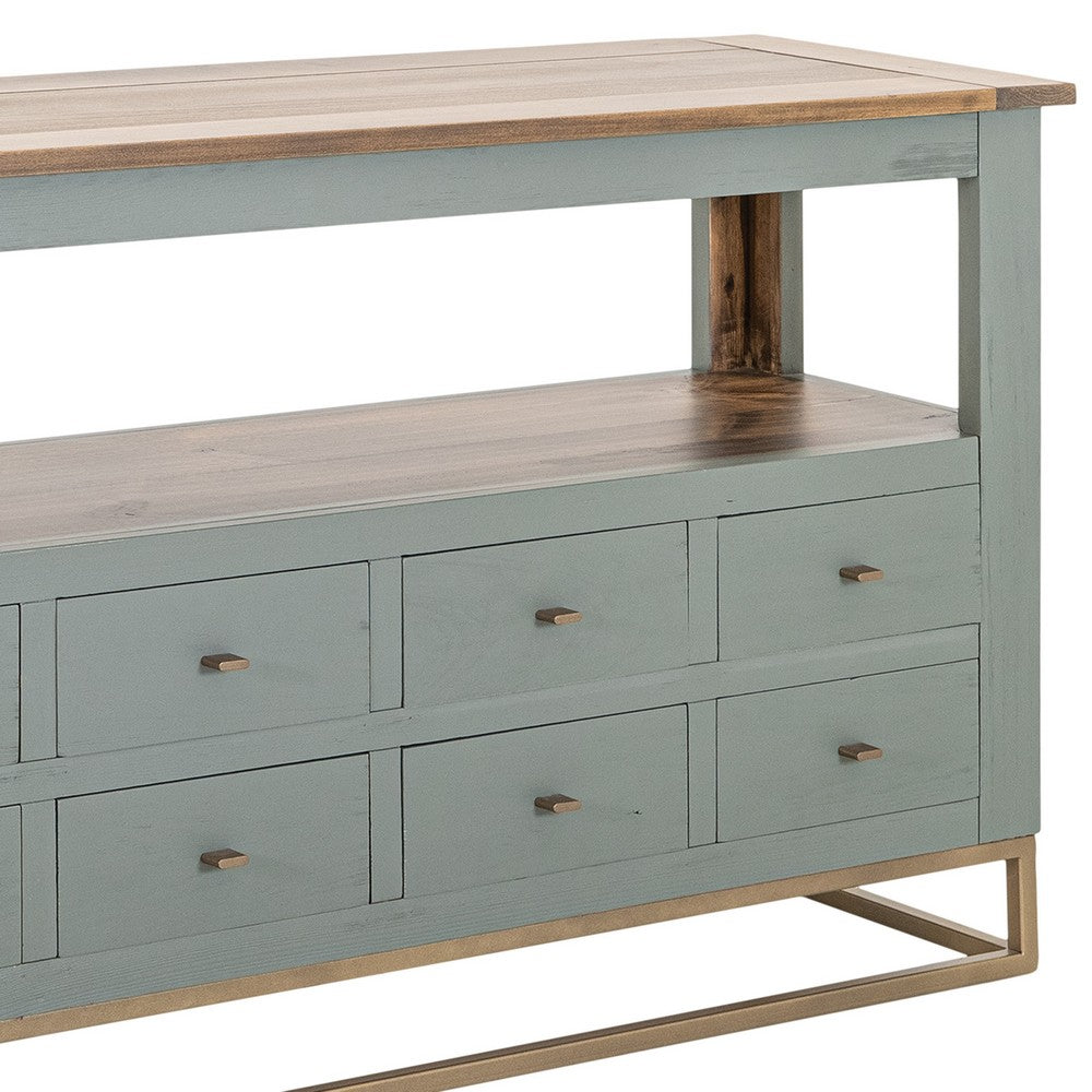 Timmy Sofa Table, 8 Drawers, 1 Shelf, Sage Green Pine Wood, 55 Inch