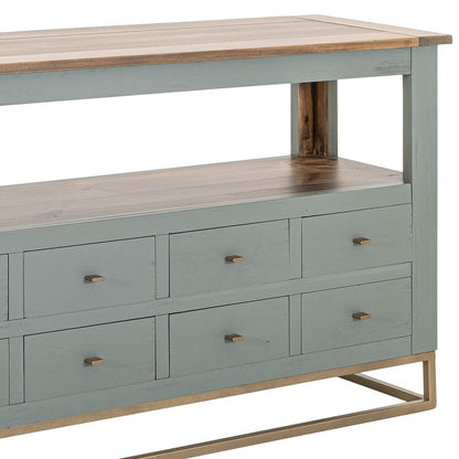 Timmy Sofa Table, 8 Drawers, 1 Shelf, Sage Green Pine Wood, 55 Inch