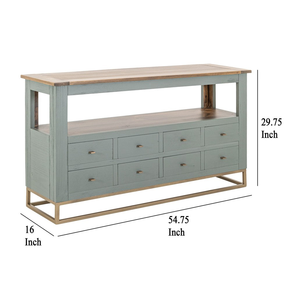 Timmy Sofa Table, 8 Drawers, 1 Shelf, Sage Green Pine Wood, 55 Inch