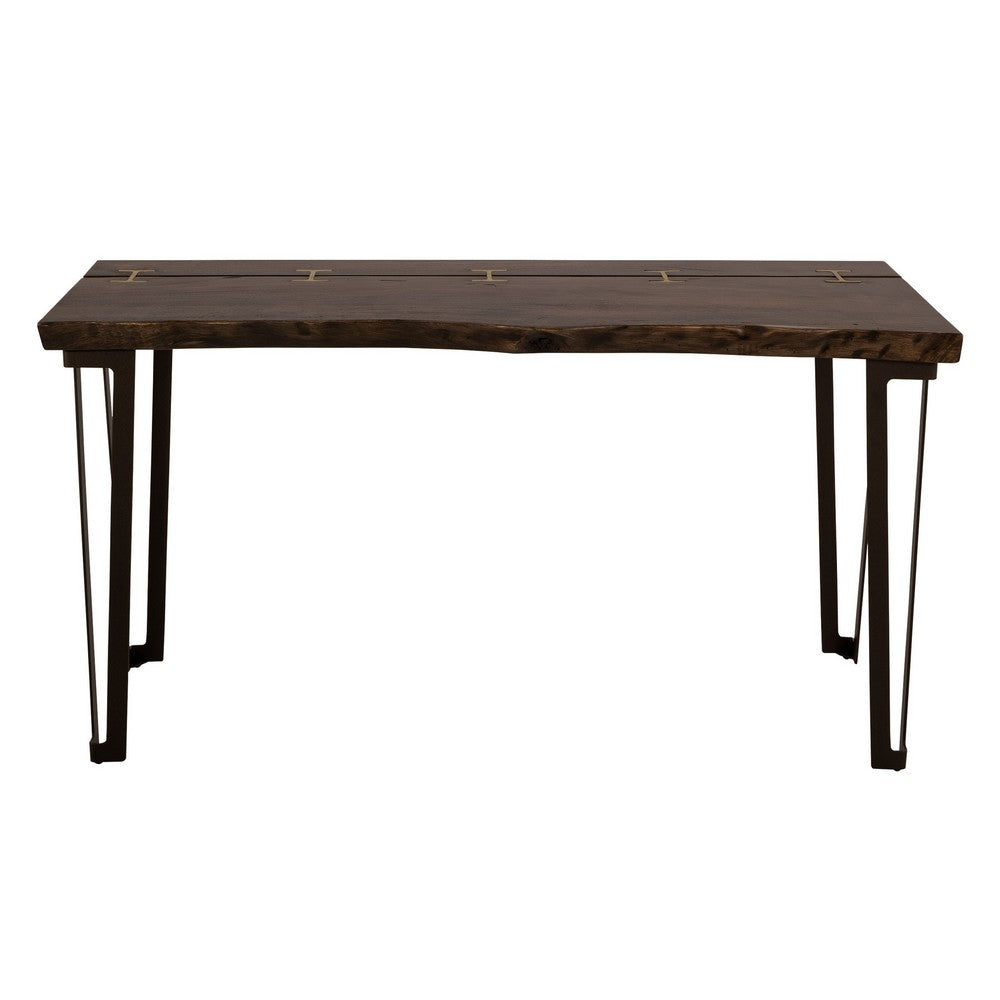 Ally Sofa Console Table, Gold Metal Inlays, Brown Parota Wood, 55 Inch