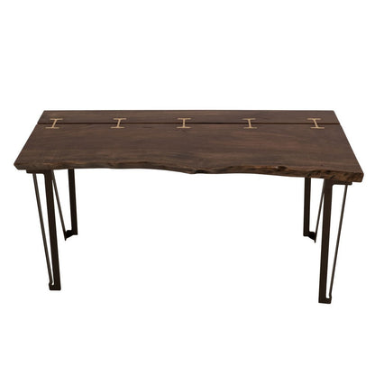 Ally Sofa Console Table, Gold Metal Inlays, Brown Parota Wood, 55 Inch