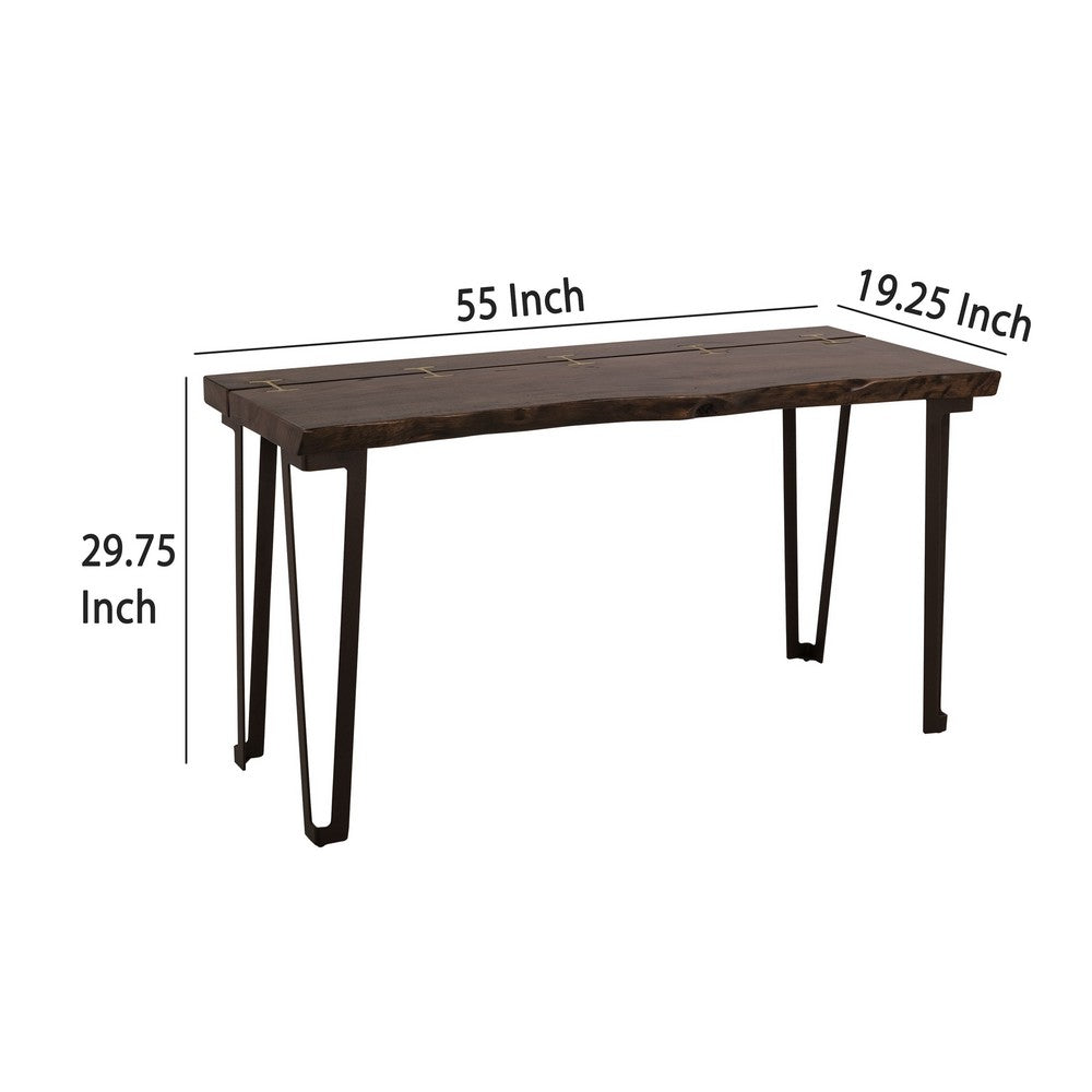 Ally Sofa Console Table, Gold Metal Inlays, Brown Parota Wood, 55 Inch
