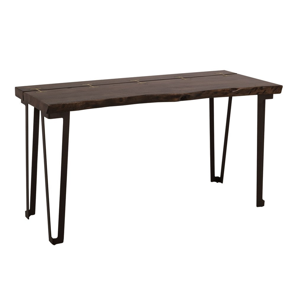 Ally Sofa Console Table, Gold Metal Inlays, Brown Parota Wood, 55 Inch