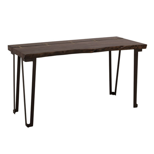 Ally Sofa Console Table, Gold Metal Inlays, Brown Parota Wood, 55 Inch