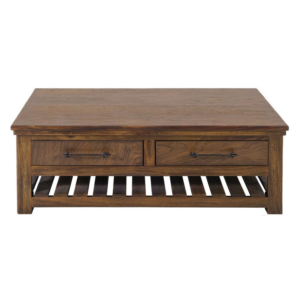 Ally Cocktail Coffee Table, 4 Drawers Shelf, Brown Parota Wood 50 Inch