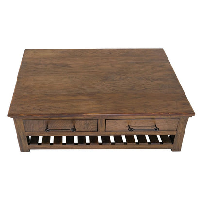 Ally Cocktail Coffee Table, 4 Drawers Shelf, Brown Parota Wood 50 Inch