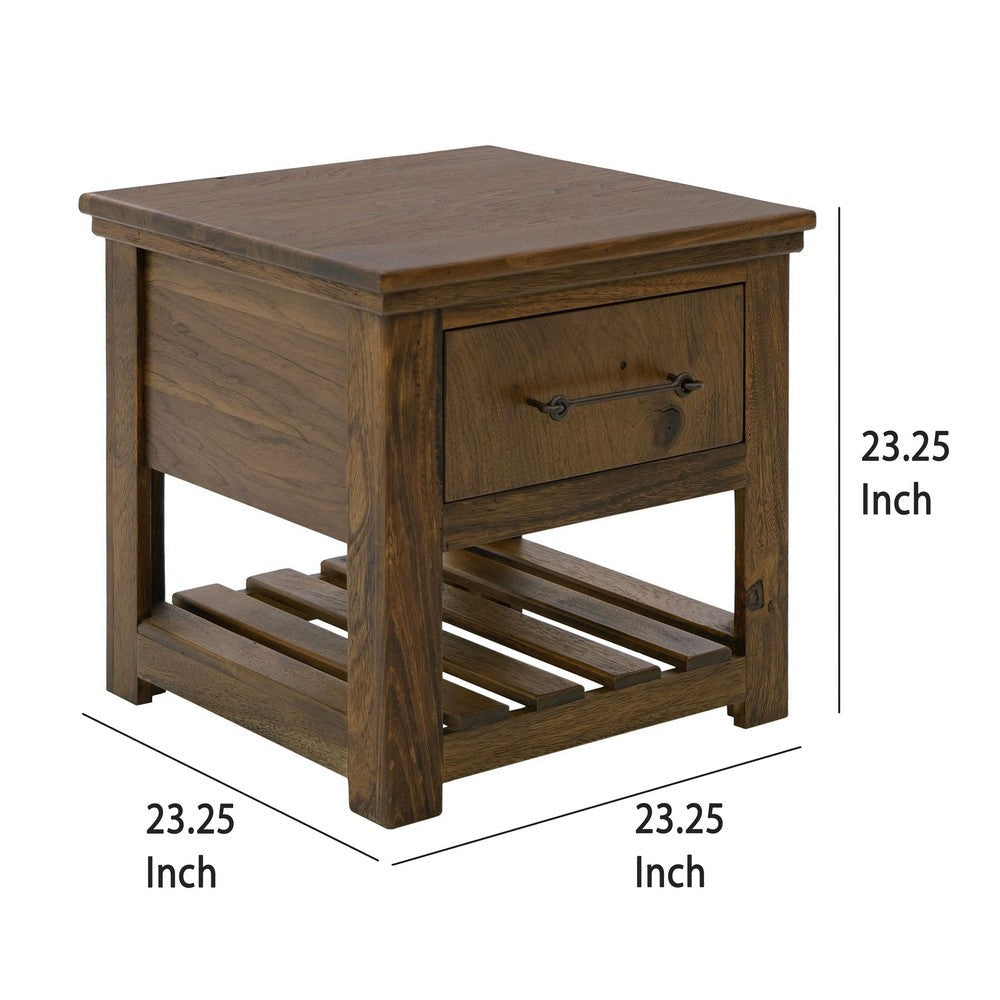 Ally Chairside Table, 1 Drawer, 1 Shelf, Brown Parota Wood, 15 Inch