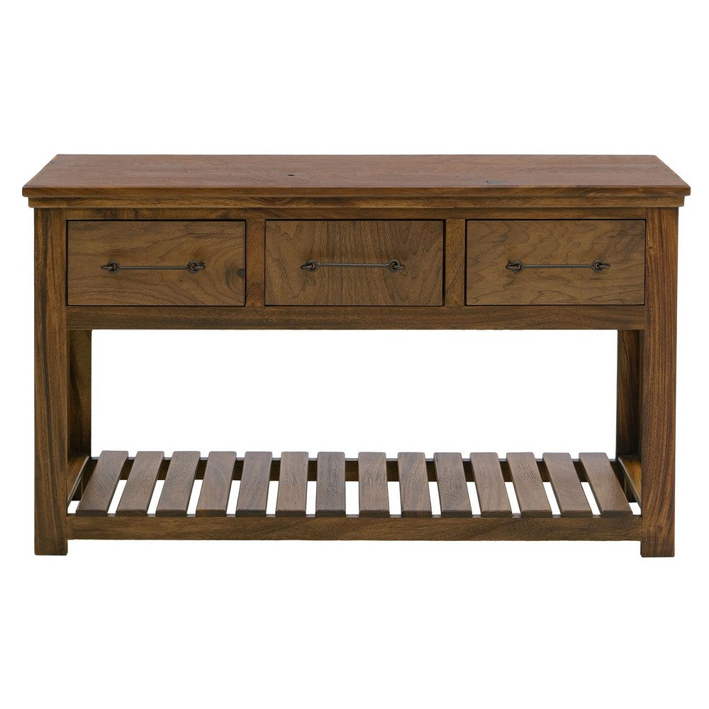 Ally Sofa Console Table, 3 Drawers, Slatted Shelf, Brown Wood, 54 Inch