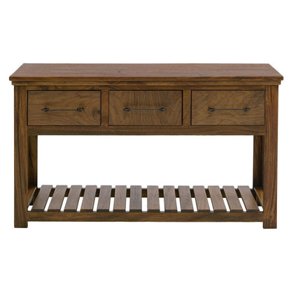 Ally Sofa Console Table, 3 Drawers, Slatted Shelf, Brown Wood, 54 Inch