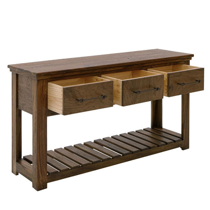 Ally Sofa Console Table, 3 Drawers, Slatted Shelf, Brown Wood, 54 Inch