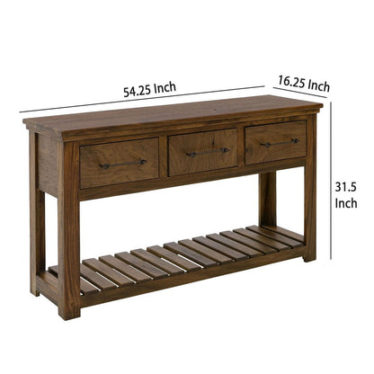 Ally Sofa Console Table, 3 Drawers, Slatted Shelf, Brown Wood, 54 Inch