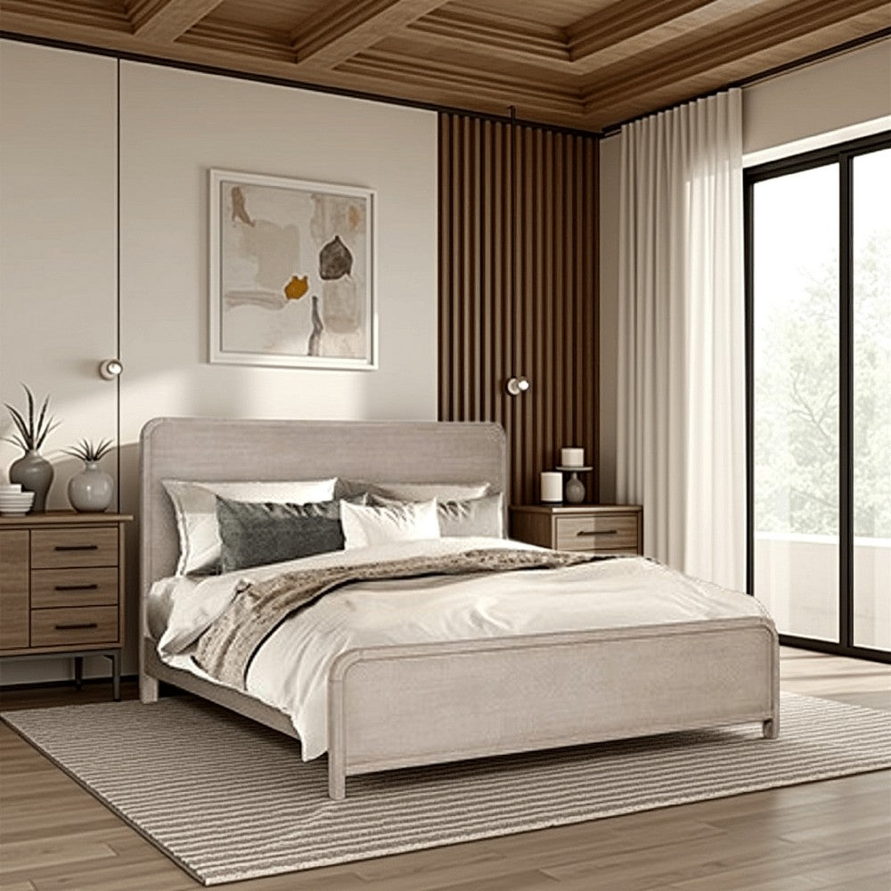 Giva Queen Bed, Rounded Edges, Natural Oak Beige, Solid Rubberwood