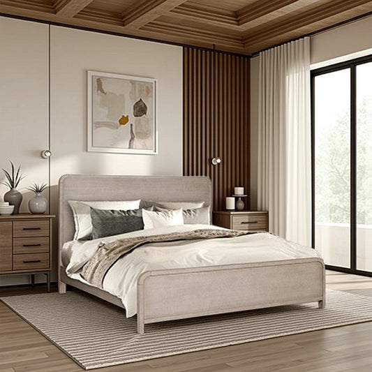 Giva Queen Bed, Rounded Edges, Natural Oak Beige, Solid Rubberwood