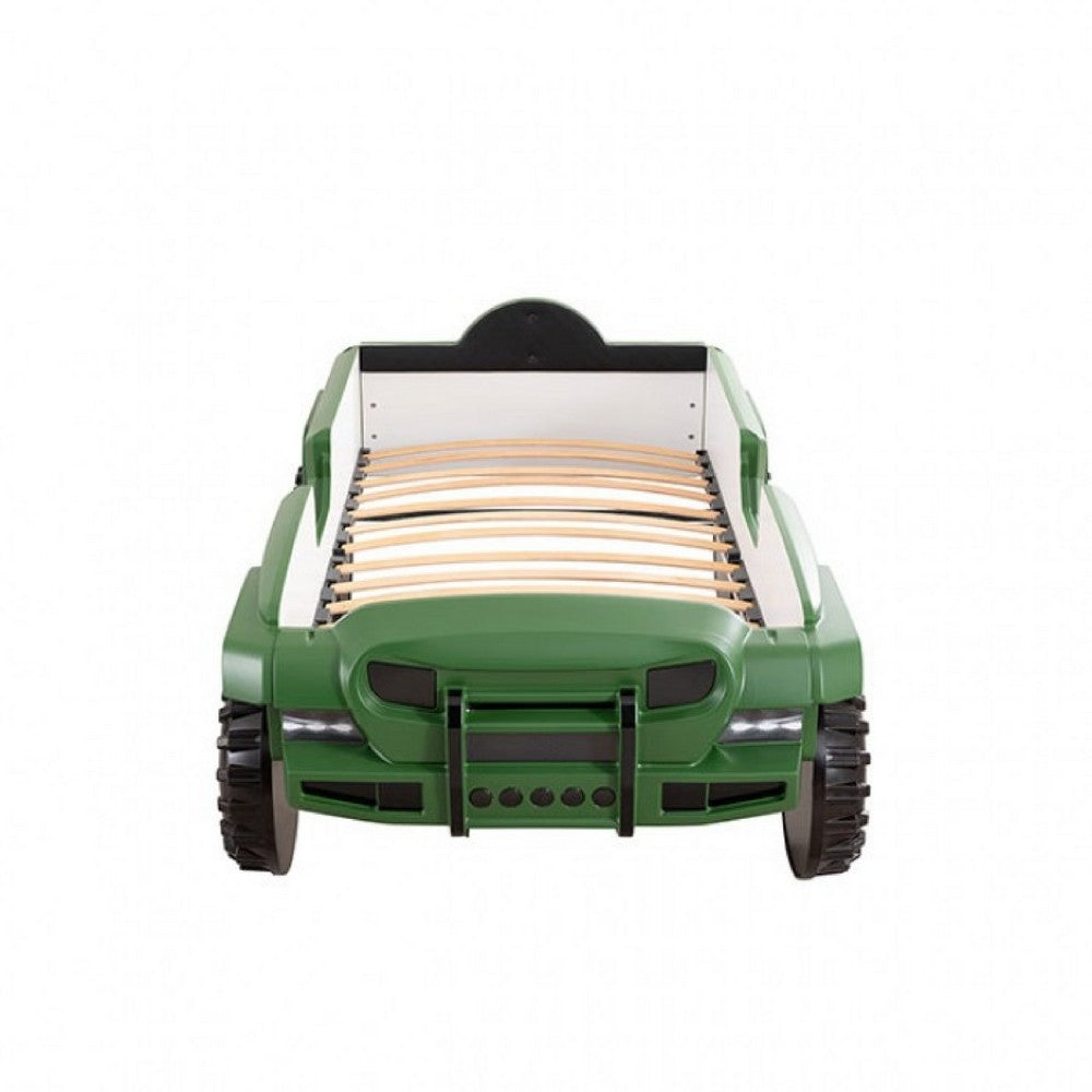 Randy SUV Twin Bed with Lights and Sound Effects, Green Faux Leather