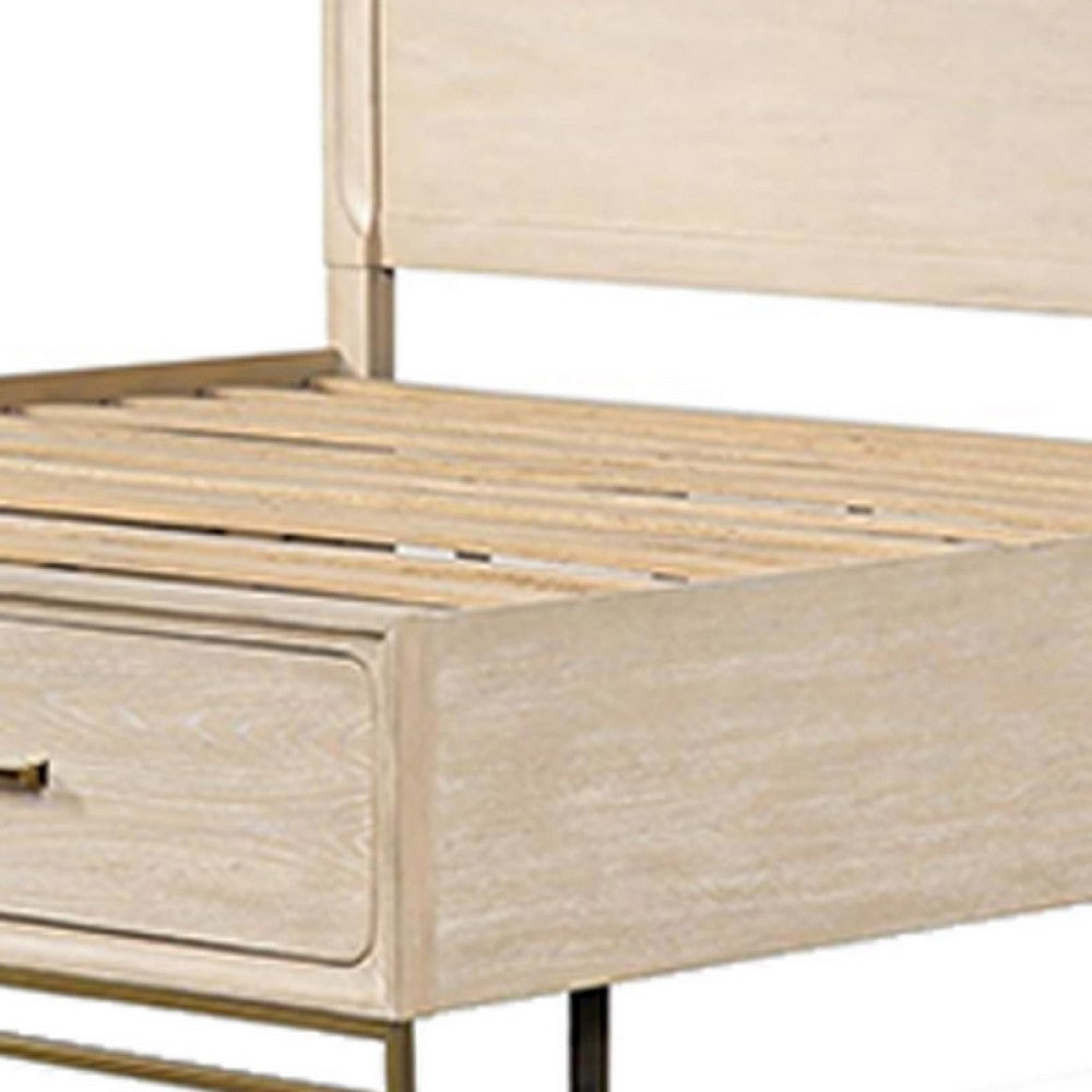 Rozie Queen Bed, Footboard Storage Drawers, Light Oak Brown Solid Wood