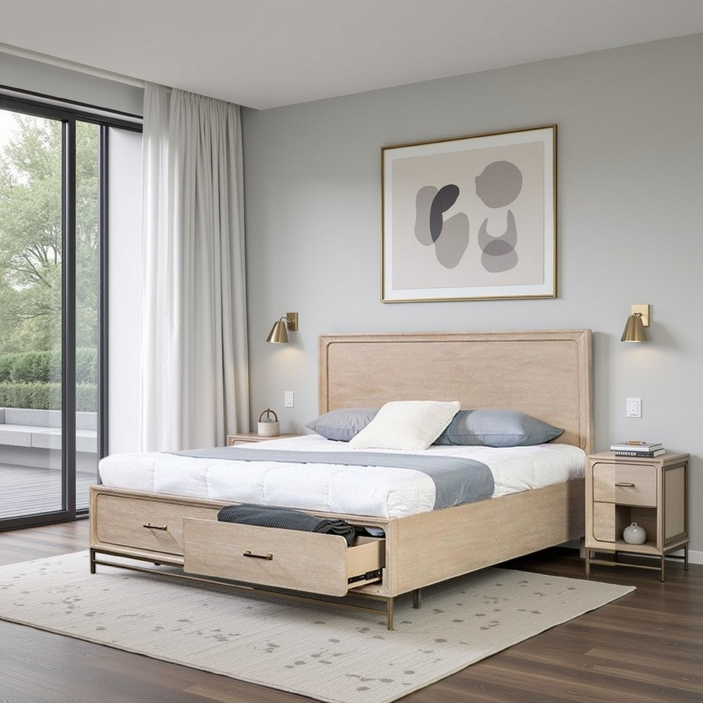 Rozie Queen Bed, Footboard Storage Drawers, Light Oak Brown Solid Wood