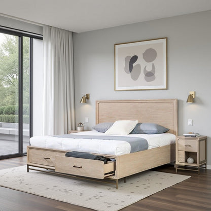 Rozie Queen Bed, Footboard Storage Drawers, Light Oak Brown Solid Wood