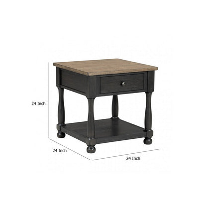 Ginie End Table, 1 Drawer, Black Brown Solid Rubberwood, 24 Inch