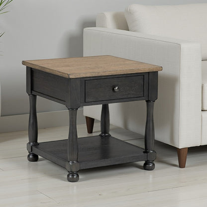 Ginie End Table, 1 Drawer, Black Brown Solid Rubberwood, 24 Inch