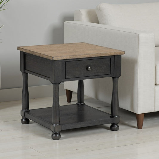 Ginie End Table, 1 Drawer, Black Brown Solid Rubberwood, 24 Inch