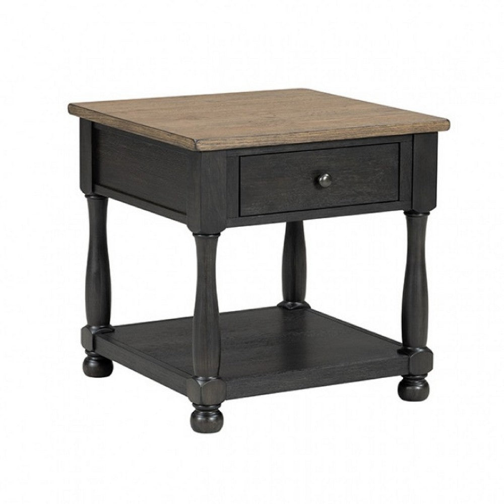 Ginie End Table, 1 Drawer, Black Brown Solid Rubberwood, 24 Inch