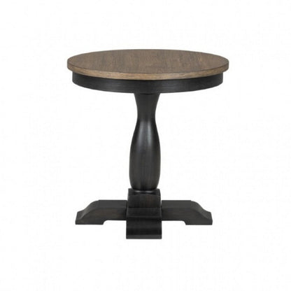 Ginie Round End Table, Rustic Black Brown Solid Rubberwood, 24 Inch
