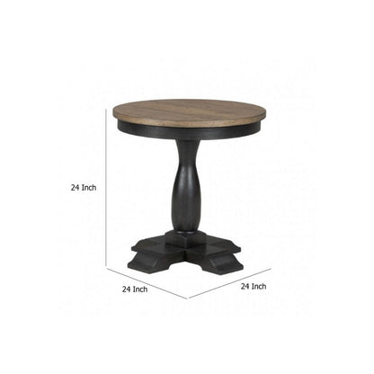 Ginie Round End Table, Rustic Black Brown Solid Rubberwood, 24 Inch