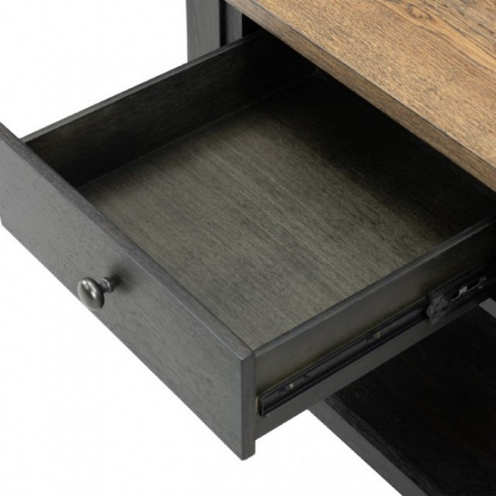 Ginie Chairside End Table, 1 Drawer, Black Brown Solid Wood, 24 Inch
