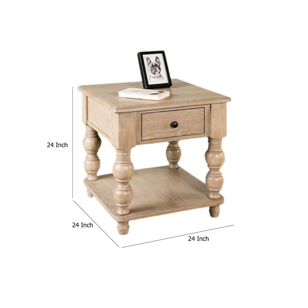 Cherie Square End Table, 1 Drawer, Shelf, Light White Wash, 24 Inch