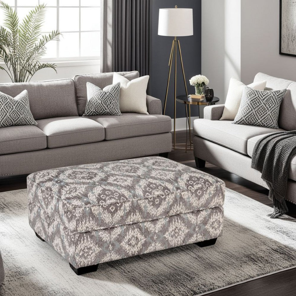 Berrie Ottoman, Geometric Gray White Polyester, Solid Wood, 40 Inch