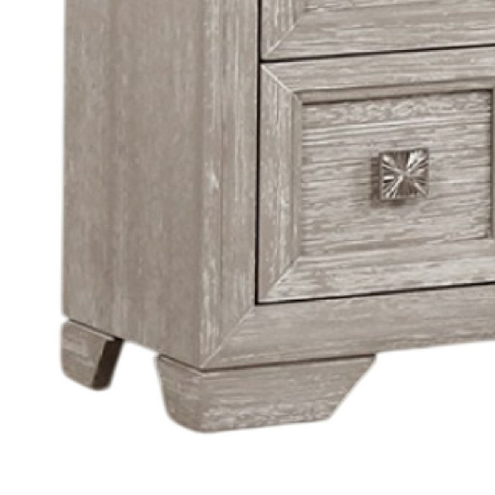 Diaz Nightstand with 2 Drawers, Sunburst Design Front, Light Gray Wood