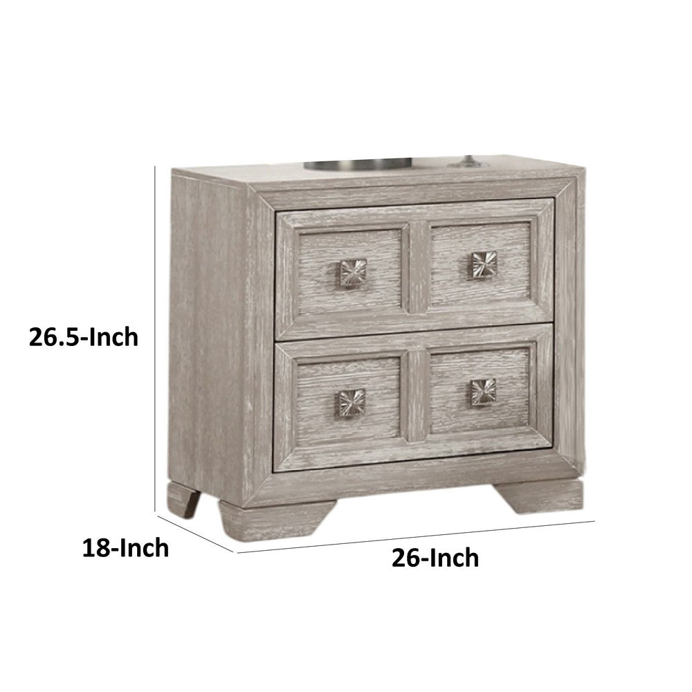 Diaz Nightstand with 2 Drawers, Sunburst Design Front, Light Gray Wood