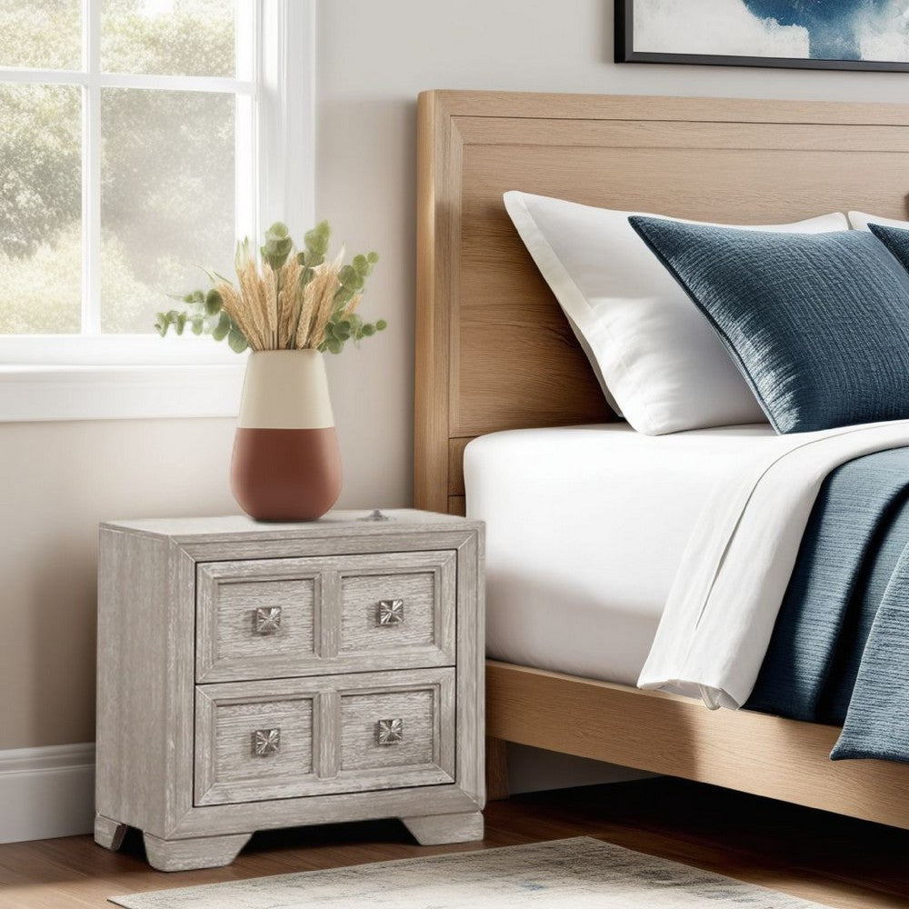 Diaz Nightstand with 2 Drawers, Sunburst Design Front, Light Gray Wood
