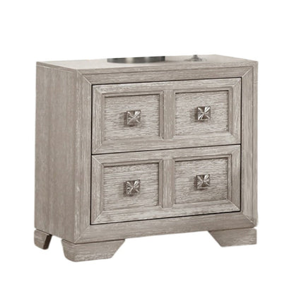 Diaz Nightstand with 2 Drawers, Sunburst Design Front, Light Gray Wood