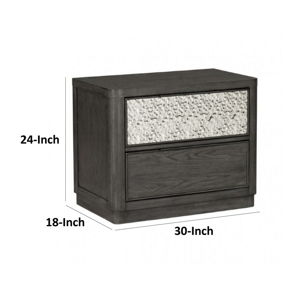 Zoko Nightstand, 2 Drawers, USB Ports, Metal Accents, Ash Gray Wood