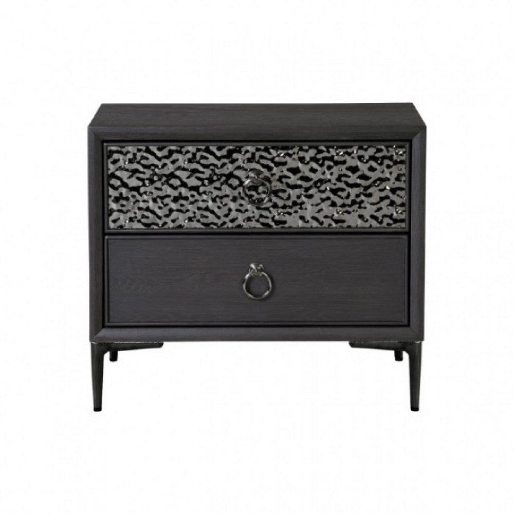 Kaira Nightstand, 2 USB Ports, Textured Metal Accents, Espresso Brown