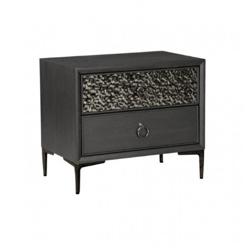 Kaira Nightstand, 2 USB Ports, Textured Metal Accents, Espresso Brown