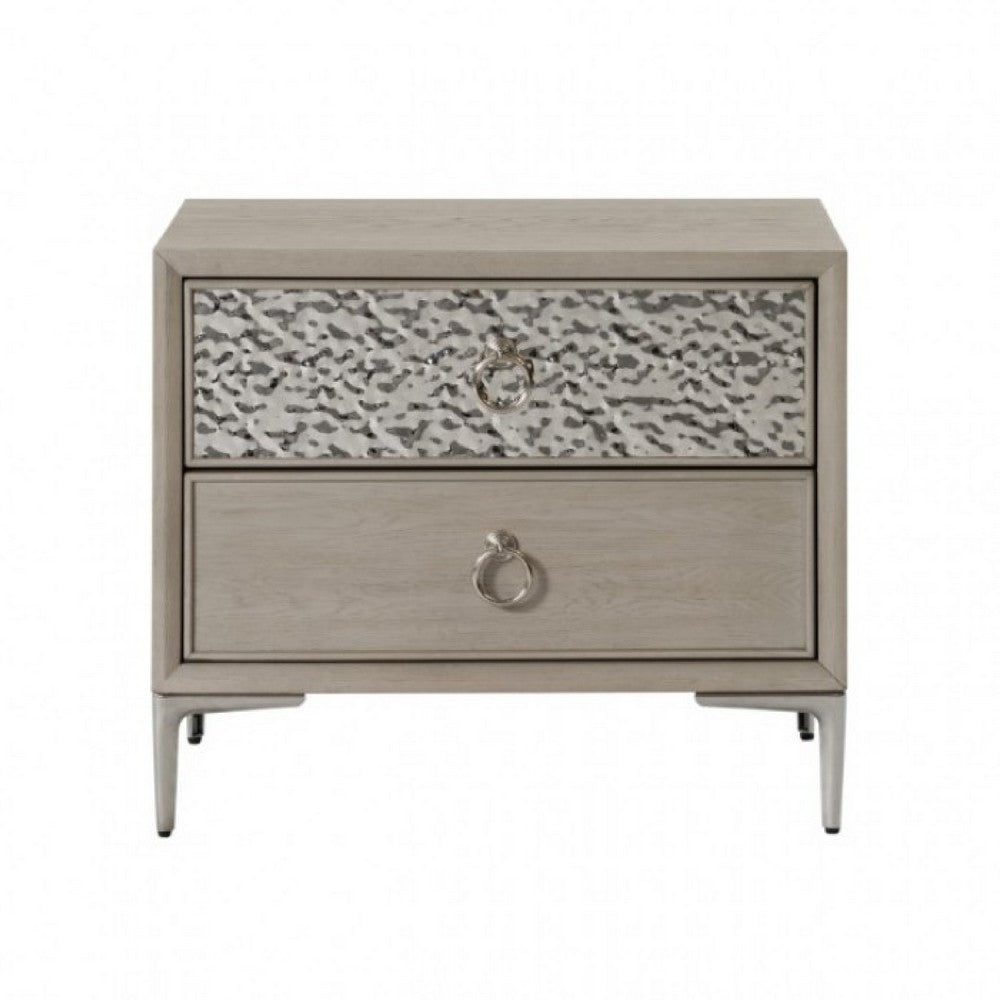 Kaira Nightstand with 2 USB Ports, Textured Metal, Natural Oak Brown