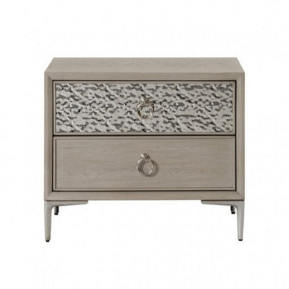 Kaira Nightstand with 2 USB Ports, Textured Metal, Natural Oak Brown